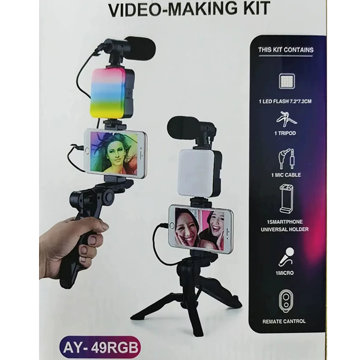 2.0 Kit de démarrage vidéo rechargeable pour smartphone et appareil photo avec lumière RGB et télécommande