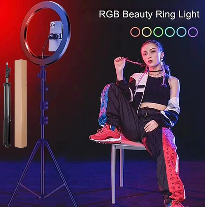 Ring Light Soft LED RGB avec Trepied Long – Lumière flatteuse et colorée pour selfies et vidéos