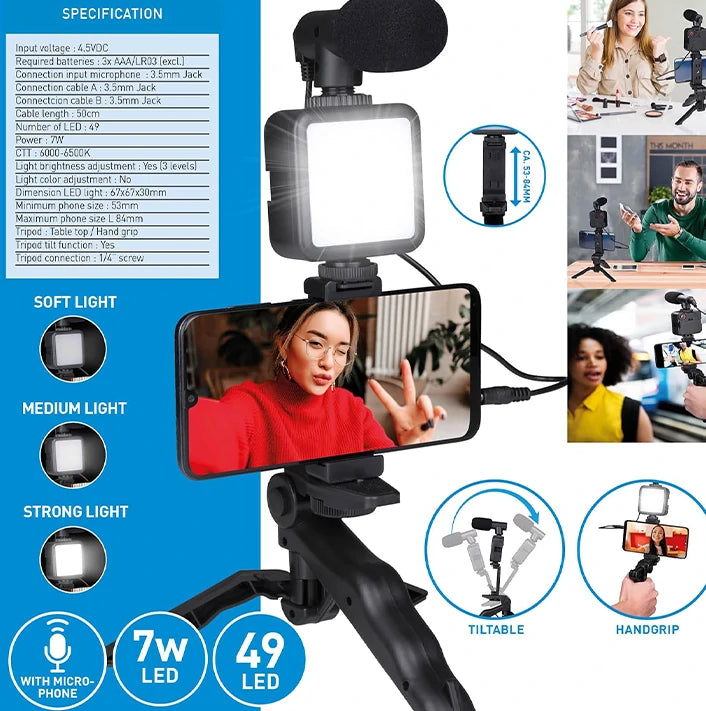 Kit de démarrage vidéo pour smartphone et appareil photo avec lumière et télécommande