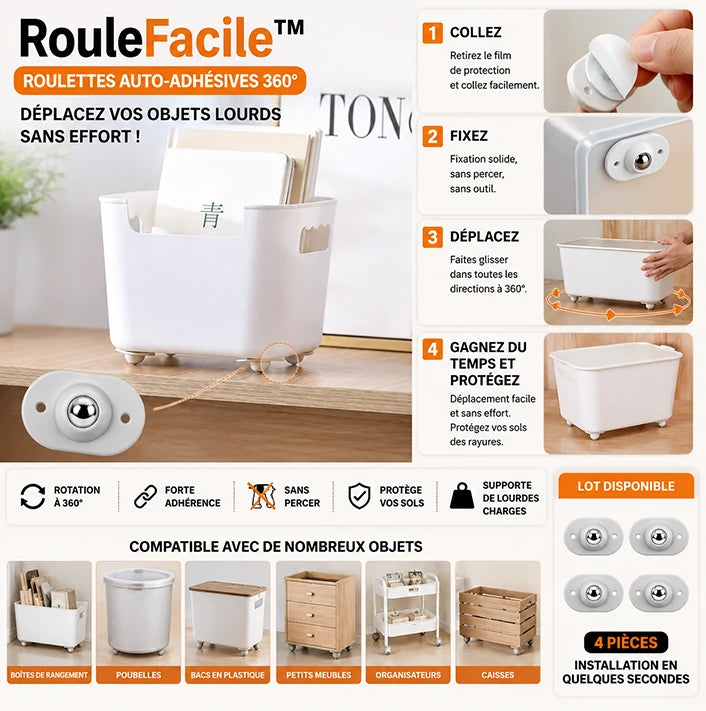 RouleFacile™ – Roulettes Auto-adhésives Déplacez vos objets lourds sans effort à 360°