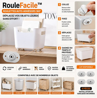 RouleFacile™ – Roulettes Auto-adhésives Déplacez vos objets lourds sans effort à 360°