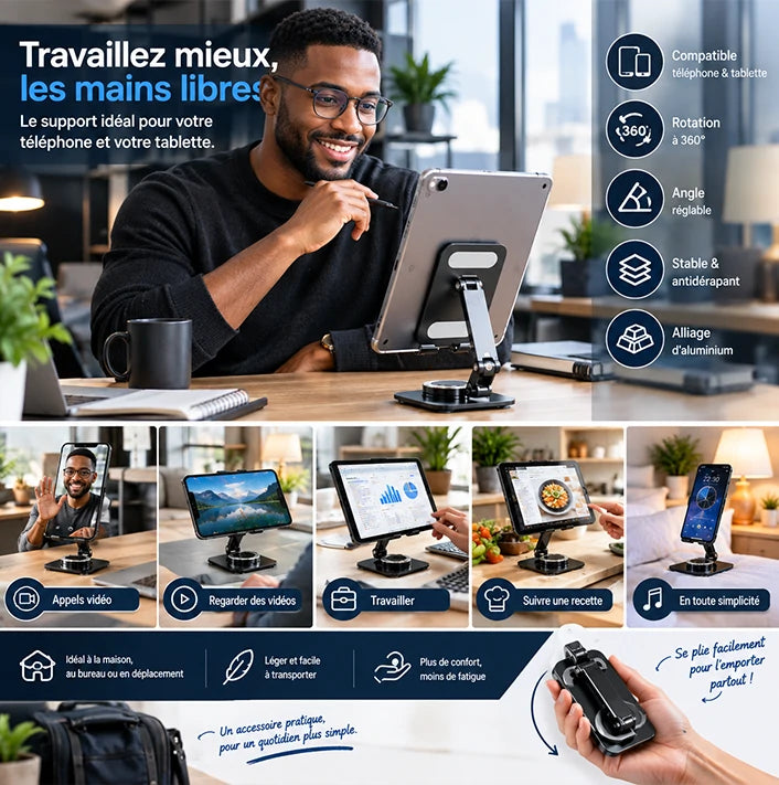 AluStand™ 360° – Support Téléphone & Tablette - Travaillez, regardez et naviguez les mains libres